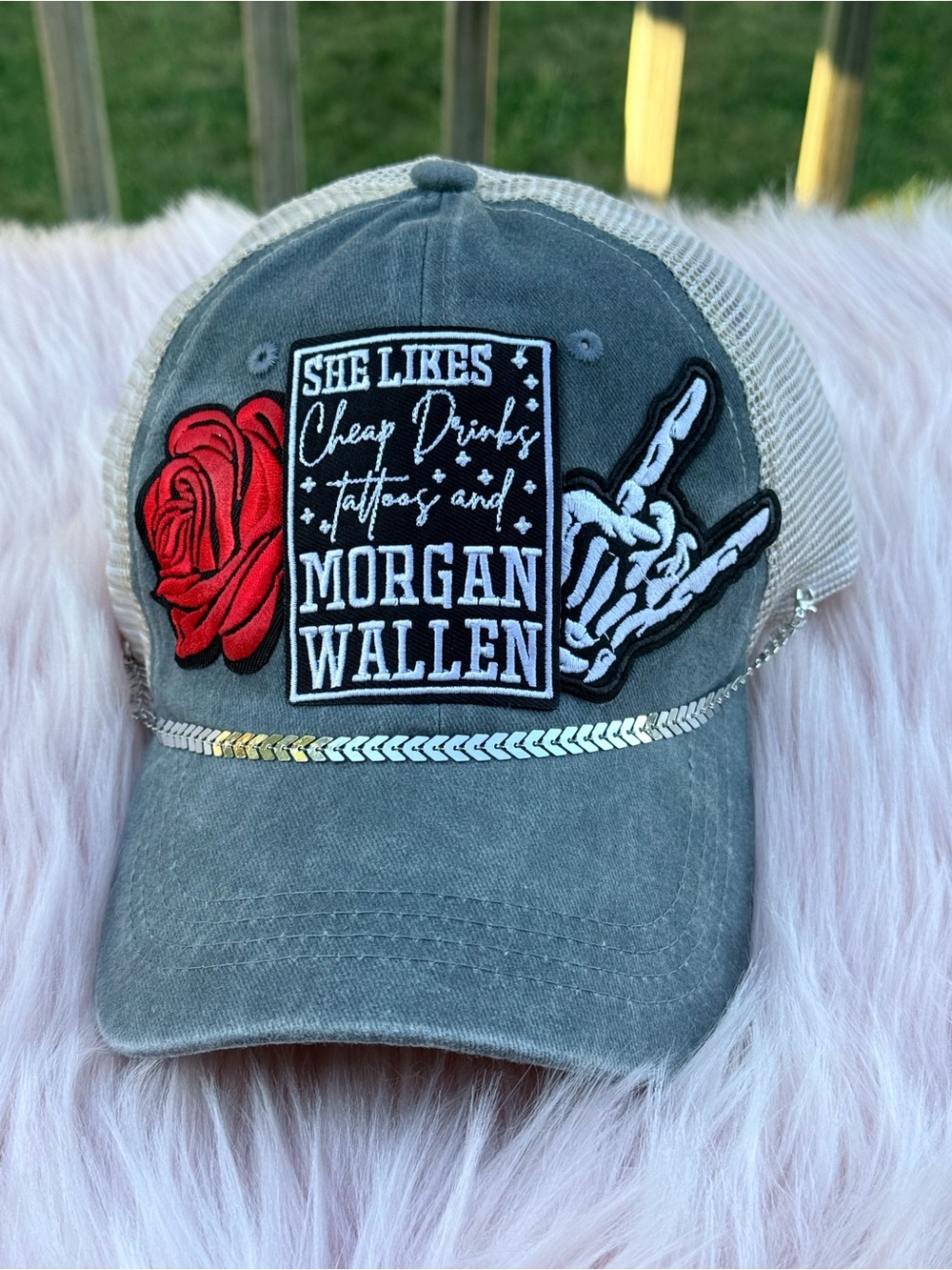 Morgan Wallen Embroidered Trucker Hat - Gray with Red Rose